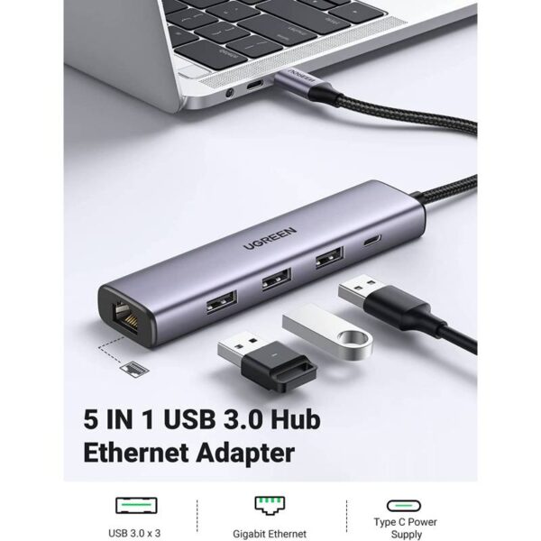 ADAPTADOR USB 3.0 5 EN 1 UGREEN 1 puerto de red gigabit , 3 puertos usb 3.0 , 1 puerto de 5v carga , compatible con windows, mac os, linux , plateado .